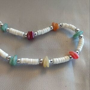 HANDMADE White and Multicolored Shell & Beaded Necklace Barrel Closure